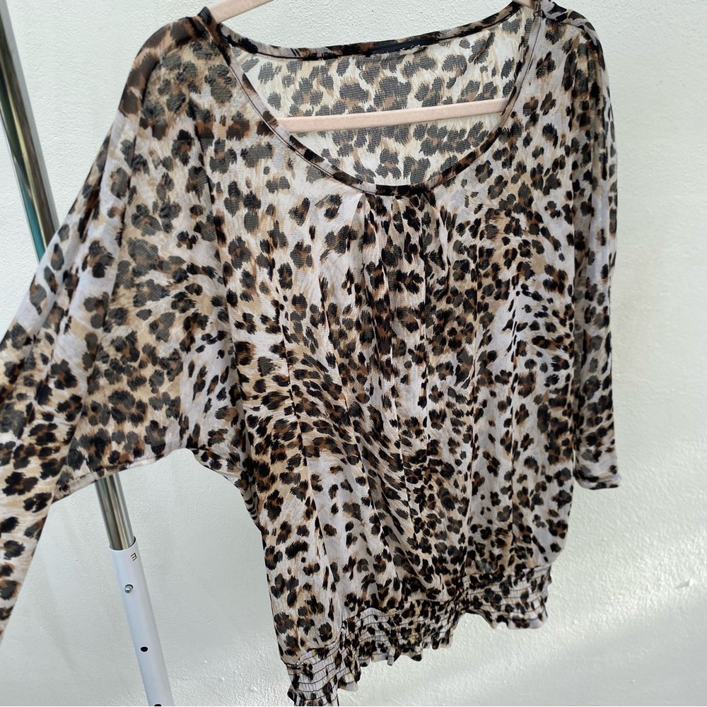 Y2K Mcbling Sheer Brown & Tan Leopard Prinf Sheer Mesh Blouse Size Large XL
